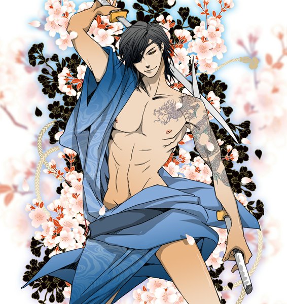 Anime picture 965x1024 with sengoku basara production i.g date masamune single tall image short hair smile yellow eyes looking away traditional clothes japanese clothes light smile grey hair midriff tattoo cherry blossoms boy flower (flowers) weapon plant (plants)