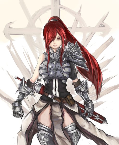 Anime picture 1400x1700 with fairy tail erza scarlet single long hair tall image fringe breasts red eyes standing ponytail red hair hair over one eye girl gloves weapon sword boots armor thigh boots