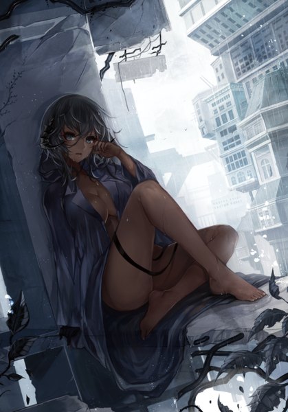 Anime picture 900x1288 with original ut (apt) single long hair tall image looking at viewer breasts open mouth blue eyes light erotic horn (horns) grey hair open clothes open shirt girl shirt