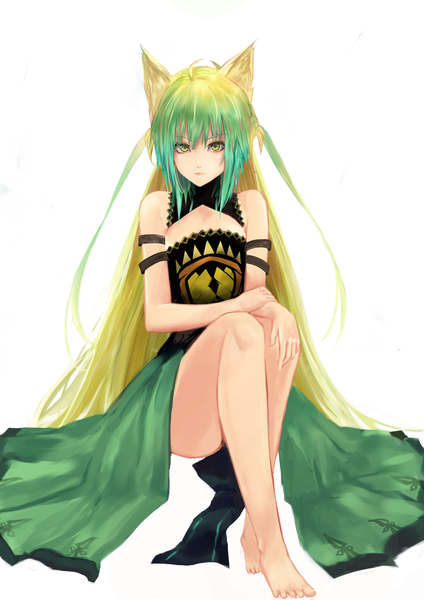 Anime picture 1157x1637 with fate (series) fate/grand order atalanta (fate) kaze minoru so-ru single long hair tall image looking at viewer fringe breasts light erotic blonde hair hair between eyes twintails bare shoulders green eyes animal ears payot full body ahoge