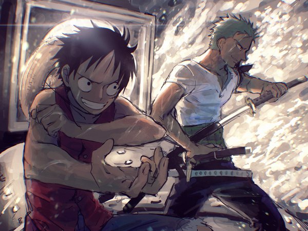 Anime picture 2732x2048 with one piece toei animation monkey d. luffy roronoa zoro 4myaku1 highres short hair black hair smile looking away profile green hair black eyes multiple boys grin scar hat removed headwear removed unsheathing boy