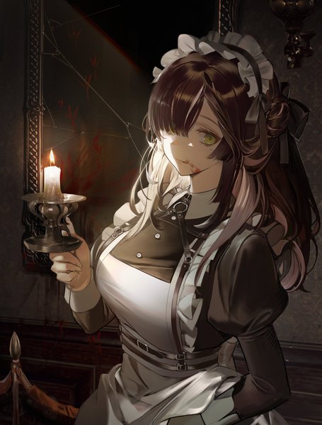 Anime picture 1137x1500 with original shycocoa single long hair tall image looking at viewer fringe brown hair standing holding green eyes indoors braid (braids) hair over one eye mole maid hair bun (hair buns) puffy sleeves mole under eye :p