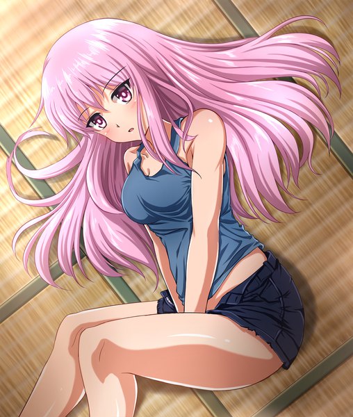 Anime picture 1000x1180 with touhou hata no kokoro zanntetu single long hair tall image looking at viewer blush fringe breasts open mouth light erotic hair between eyes bare shoulders payot pink hair cleavage bent knee (knees) indoors lying