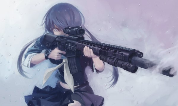 Anime picture 1240x744 with original koh (minagi kou) single long hair wide image grey hair grey eyes girl uniform weapon serafuku gun clock pocket watch assault rifle