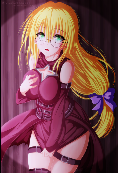 Anime picture 1500x2185 with toloveru toloveru darkness xebec tearju lunatique ric9duran single long hair tall image open mouth light erotic blonde hair green eyes coloring girl dress bow hair bow detached sleeves glasses tongue