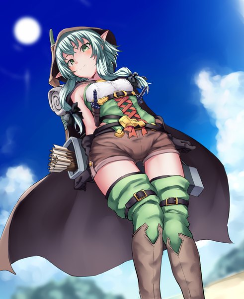Anime picture 949x1158 with goblin slayer! high elf archer (goblin slayer!) ryuinu single long hair tall image looking at viewer blush breasts smile standing twintails green eyes payot sky cloud (clouds) bent knee (knees) outdoors head tilt pointy ears