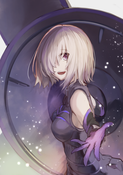 Anime-Bild 2896x4096 mit fate (series) fate/grand order mash kyrielight koki 1009 single tall image looking at viewer fringe highres short hair breasts open mouth standing purple eyes bare shoulders silver hair upper body :d hair over one eye dutch angle