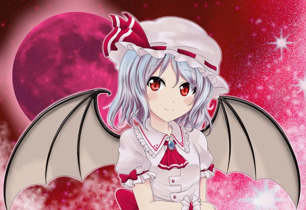 Anime-Bild 1600x1100 mit touhou remilia scarlet reimei (r758120518) single looking at viewer short hair smile red eyes blue hair upper body short sleeves puffy sleeves bat wings outline red moon red sky girl ribbon (ribbons) hat wings