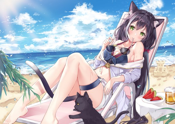Anime picture 4093x2894 with princess connect! re:dive princess connect! karyl (princess connect!) hum (ten ten) single long hair looking at viewer blush fringe highres breasts light erotic black hair hair between eyes large breasts twintails holding green eyes animal ears absurdres