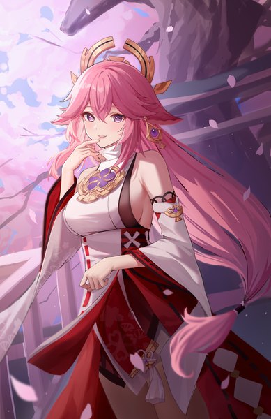 Anime-Bild 2168x3348 mit genshin impact yae miko moonct single long hair tall image looking at viewer blush fringe highres breasts hair between eyes large breasts purple eyes bare shoulders animal ears pink hair traditional clothes japanese clothes wide sleeves
