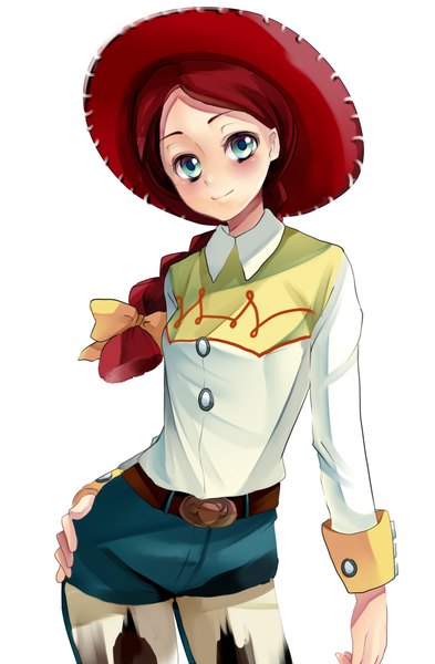 Anime picture 1285x1961 with toy story jessie (toy story) kurabayashi single long hair tall image looking at viewer blush blue eyes simple background smile white background red hair braid (braids) profile hand on hip girl ribbon (ribbons) hair ribbon hat