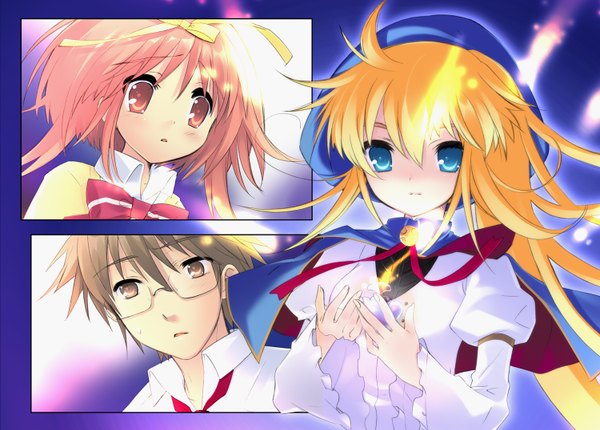 Anime picture 1500x1077 with nanatsuiro drops akihime sumomo yuuki nona prima aspallas blue eyes blonde hair brown hair pink hair pink eyes hat glasses