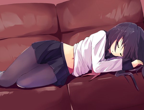 Anime picture 1565x1200 with kantai collection akatsuki destroyer hamaru (s5625t) single long hair purple hair lying eyes closed parted lips pleated skirt on side sleeping girl skirt navel uniform pantyhose serafuku black pantyhose black skirt