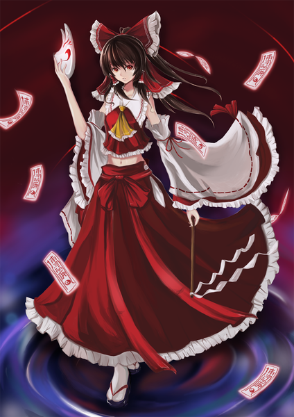 Anime picture 1000x1414 with touhou hakurei reimu yingji (zszero) single long hair tall image looking at viewer red eyes brown hair ponytail traditional clothes miko girl skirt bow hair bow detached sleeves mask skirt set gohei