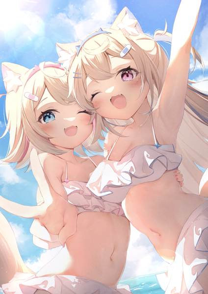 Anime picture 1378x1949 with virtual youtuber hololive hololive english mococo abyssgard fuwawa abyssgard seboneko long hair tall image looking at viewer blush short hair open mouth blue eyes light erotic blonde hair smile multiple girls animal ears sky cloud (clouds)