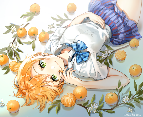 Anime picture 1000x818 with love live! school idol project sunrise (studio) love live! hoshizora rin ancotaku single looking at viewer short hair smile green eyes signed lying orange hair short sleeves on back finger to mouth girl skirt uniform school uniform