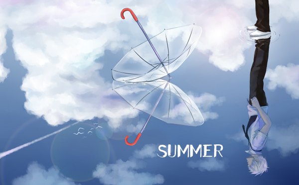 Anime picture 1288x800 with gintama sunrise (studio) sakata gintoki single short hair wide image standing sky cloud (clouds) white hair wind inscription alternate costume reflection summer transparent umbrella boy animal water necktie