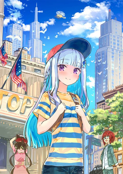 Anime picture 752x1062 with mother (game) mother 2 virtual youtuber nijisanji lize helesta ange katrina inui toko jeff andonuts ness (mother 2) paula (mother 2) virus (obsession) long hair tall image looking at viewer fringe short hair open mouth blue eyes smile brown hair