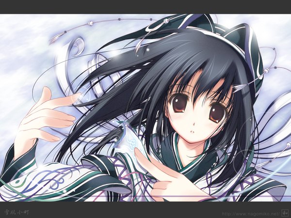 Anime picture 1600x1200 with nagomi long hair looking at viewer black hair brown eyes japanese clothes miko girl