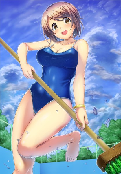 Anime picture 1200x1722 with original emanon123 single tall image blush short hair breasts open mouth light erotic brown hair large breasts standing yellow eyes cloud (clouds) bent knee (knees) :d blurry standing on one leg girl swimsuit