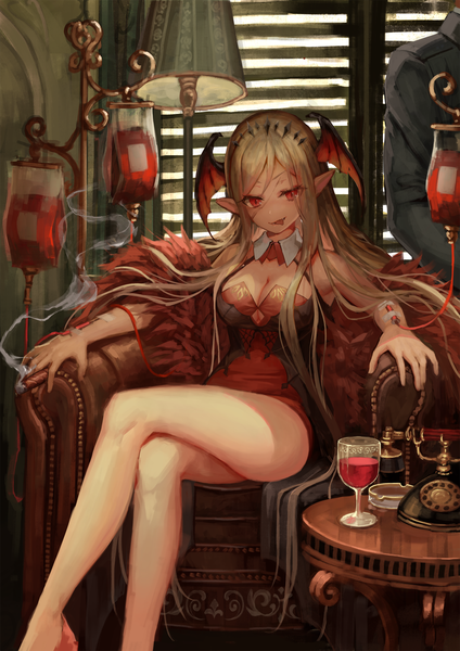 Anime picture 1768x2500 with original okuma mai long hair tall image looking at viewer fringe highres breasts light erotic blonde hair red eyes sitting holding payot cleavage indoors pointy ears bare legs crossed legs solo focus