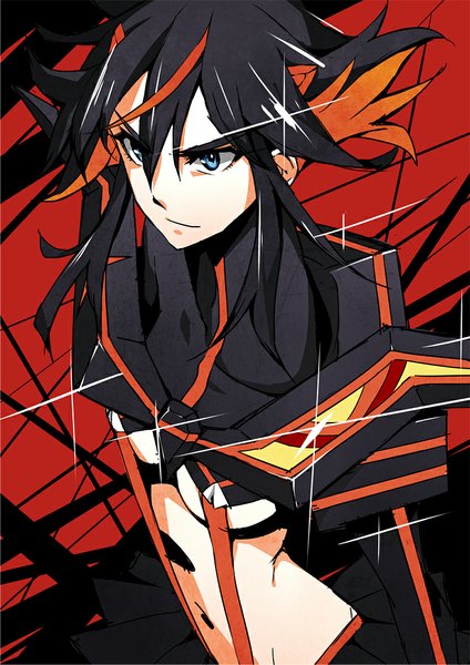 Anime picture 765x1082 with kill la kill studio trigger matoi ryuuko jakuu single tall image short hair blue eyes black hair red hair pleated skirt multicolored hair two-tone hair bare belly midriff streaked hair underboob colored inner hair red background shiny