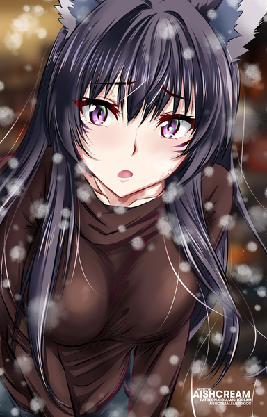 Anime picture 2460x3840 with kage no jitsuryokusha ni naritakute! delta (kage no jitsuryokusha ni naritakute!) aishcream single long hair tall image looking at viewer blush fringe highres breasts open mouth black hair hair between eyes large breasts purple eyes signed animal ears outdoors :o