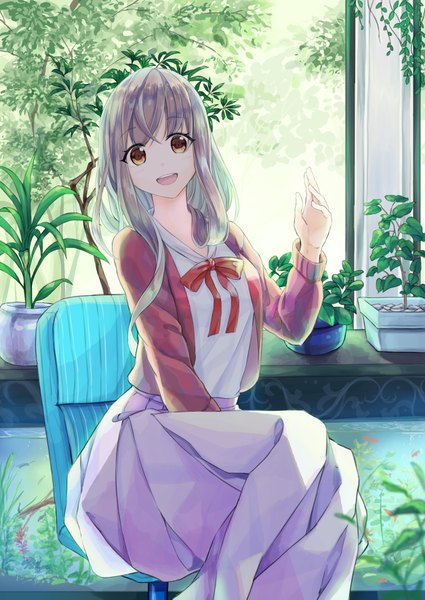 Anime picture 2508x3541 with original yukino yuuri single long hair tall image looking at viewer fringe highres open mouth smile sitting brown eyes indoors long sleeves arm up grey hair girl skirt ribbon (ribbons) plant (plants)