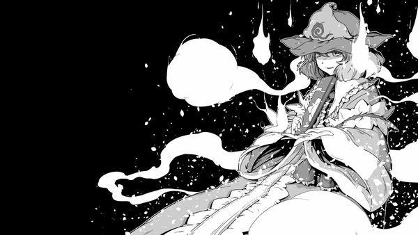 Anime-Bild 1920x1080 mit touhou saigyouji yuyuko sunatoshi single fringe highres short hair simple background smile hair between eyes wide image looking away traditional clothes japanese clothes wide sleeves sparkle wallpaper black background monochrome shaded face