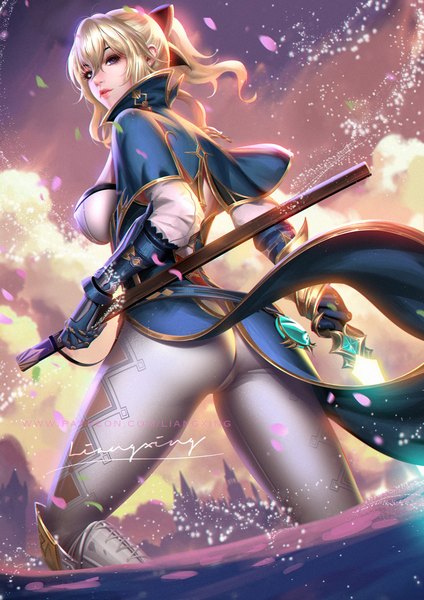 Anime picture 900x1273 with genshin impact jean gunnhildr liang xing single long hair tall image looking at viewer fringe breasts blonde hair hair between eyes purple eyes holding signed payot sky cloud (clouds) bent knee (knees) outdoors ass