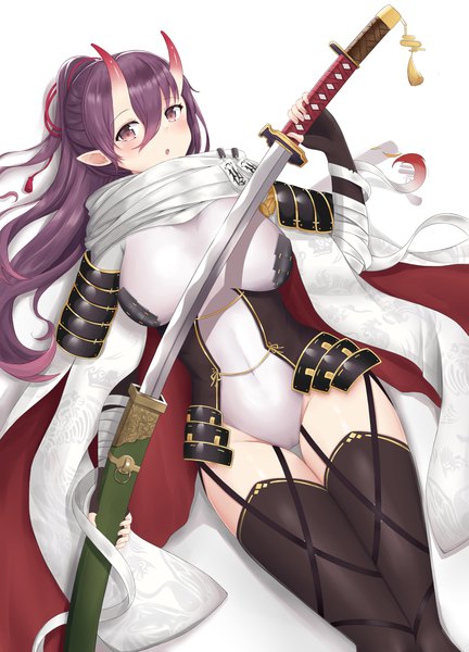 Anime picture 1080x1500 with azur lane izumo (azur lane) mentai mayo single long hair tall image looking at viewer blush fringe breasts open mouth light erotic simple background hair between eyes red eyes large breasts white background holding purple hair ponytail