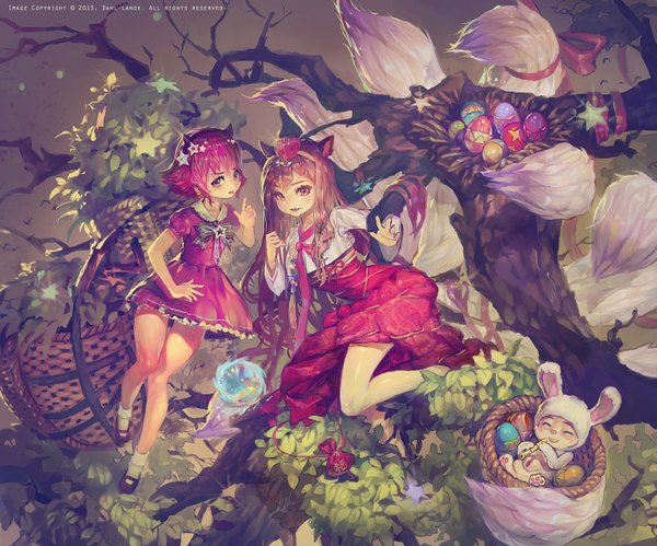 Anime picture 1417x1180 with league of legends ahri (league of legends) annie (league of legends) teemo (league of legends) crab d long hair looking at viewer blush short hair open mouth black hair smile multiple girls animal ears pink hair tail eyes closed pink eyes teeth fang (fangs)