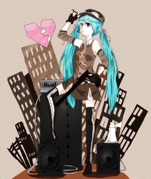 Anime picture 1200x1429 with vocaloid hatsune miku single long hair tall image twintails aqua eyes aqua hair girl gloves weapon detached sleeves heart fingerless gloves gun thigh boots peaked cap speakers