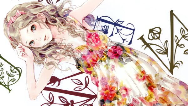 Anime picture 1920x1080 with original kishida mel single long hair looking at viewer blush highres open mouth brown hair wide image bare shoulders light smile grey eyes wavy hair sideways girl dress hair ornament flower (flowers) bow
