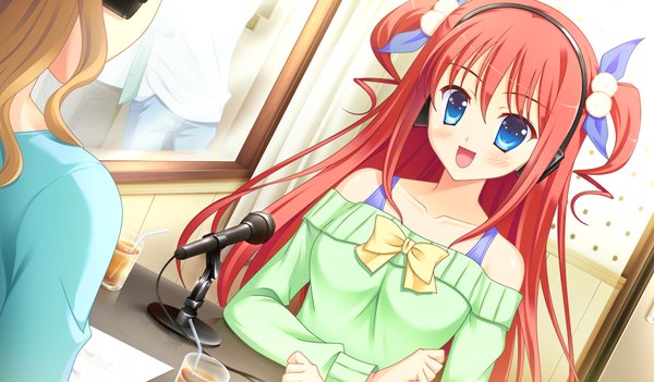Anime picture 1024x600 with prestar long hair blush open mouth blue eyes wide image bare shoulders game cg red hair two side up girl dress bow hair bow headphones bowtie microphone