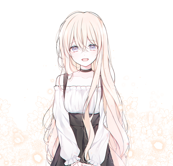 Anime picture 935x898 with original mattang single long hair looking at viewer fringe open mouth simple background blonde hair smile hair between eyes purple eyes bare shoulders upper body long sleeves :d floral background girl choker