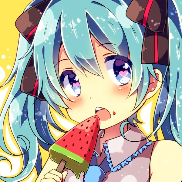 Anime picture 800x800 with vocaloid hatsune miku urara (sumairuclover) single long hair blush open mouth blue eyes twintails looking away aqua hair teeth symbol-shaped pupils eating food on face girl ribbon (ribbons) hair ribbon necktie food