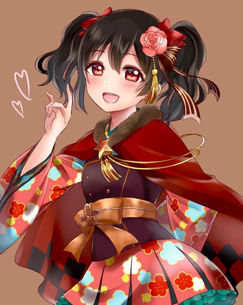 Anime picture 1573x1977 with love live! school idol project sunrise (studio) love live! yazawa nico kino xx62 single tall image blush fringe short hair open mouth black hair simple background hair between eyes red eyes standing traditional clothes :d japanese clothes hair flower