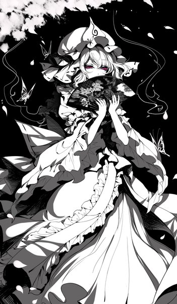 Anime-Bild 2400x4100 mit touhou saigyouji yuyuko sheya single tall image fringe highres hair between eyes looking away traditional clothes japanese clothes pink eyes wide sleeves black background monochrome covered mouth spot color girl hat petals