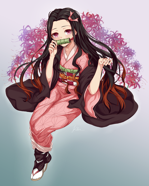 Anime picture 2000x2500 with kimetsu no yaiba ufotable kamado nezuko kizuchi r single long hair tall image looking at viewer blush highres black hair sitting holding signed full body nail polish traditional clothes japanese clothes pink eyes multicolored hair