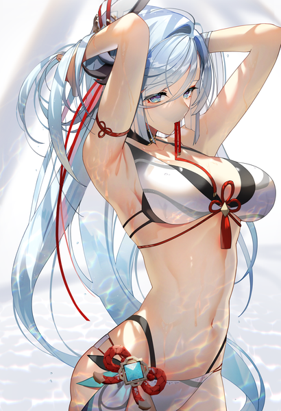 Anime picture 1709x2500 with genshin impact shenhe (genshin impact) scottie (phantom2) single tall image fringe highres breasts blue eyes light erotic large breasts standing holding looking away silver hair very long hair arms up mouth hold arm behind head ribbon in mouth
