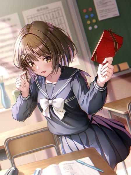Anime picture 900x1200 with original macha0331 single tall image short hair open mouth brown hair yellow eyes indoors valentine classroom playing with hair girl uniform serafuku gift gift box