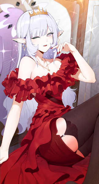 Anime picture 1100x2035 with blue archive himari (blue archive) zanya 000 single long hair tall image looking at viewer blush fringe open mouth smile sitting purple eyes bare shoulders white hair blunt bangs nail polish one eye closed arm up pointy ears