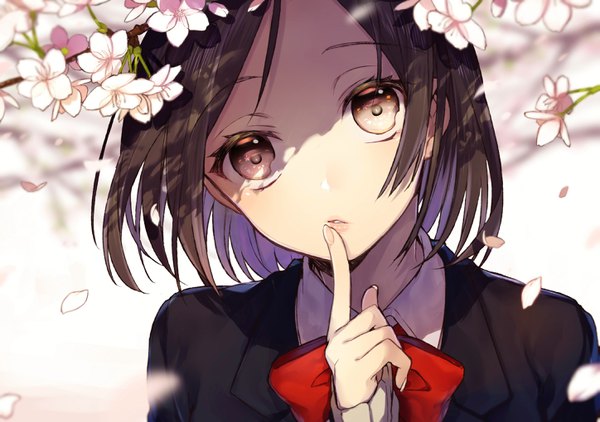 Anime picture 2893x2039 with original sogawa single looking at viewer blush highres short hair brown hair brown eyes upper body outdoors parted lips head tilt fingernails lips cherry blossoms finger to mouth shaded face girl uniform