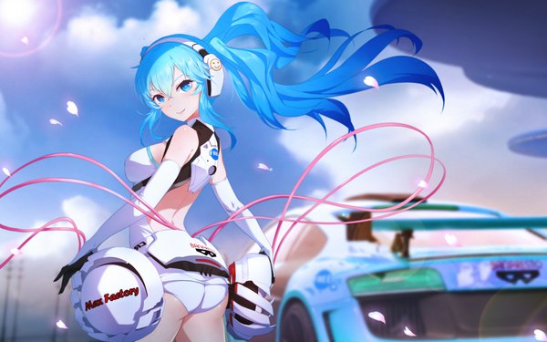 Anime picture 1920x1200 with vocaloid hatsune miku yijian ma single long hair highres blue eyes light erotic smile twintails blue hair looking back girl gloves underwear panties petals elbow gloves headphones ground vehicle