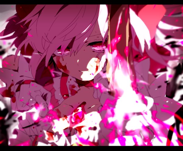 Anime picture 1220x1011 with mahou shoujo madoka magica shaft (studio) kaname madoka hiiragi fuyuki single looking at viewer fringe pink hair pink eyes glowing glowing eye (eyes) glow bloody clothes glowing weapon bloody weapon girl bow weapon hair bow blood