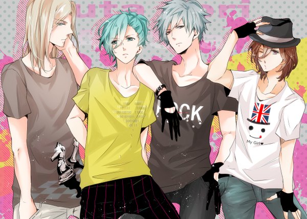 Anime picture 1244x890 with uta no prince-sama a-1 pictures mikaze ai kurosaki ranmaru kotobuki reiji camus 75 (artist) long hair short hair blue eyes blonde hair red eyes brown hair brown eyes one eye closed aqua eyes wink grey hair aqua hair grey background