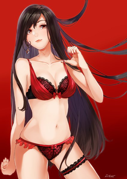 Anime picture 850x1200 with original retsuna single long hair tall image looking at viewer blush fringe breasts light erotic black hair simple background hair between eyes standing bare shoulders brown eyes signed cleavage nail polish underwear only