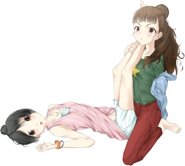 Anime picture 4066x3650 with solru (tyappygain) long hair blush highres short hair open mouth black hair simple background brown hair white background multiple girls brown eyes absurdres barefoot legs girl 2 girls bracelet