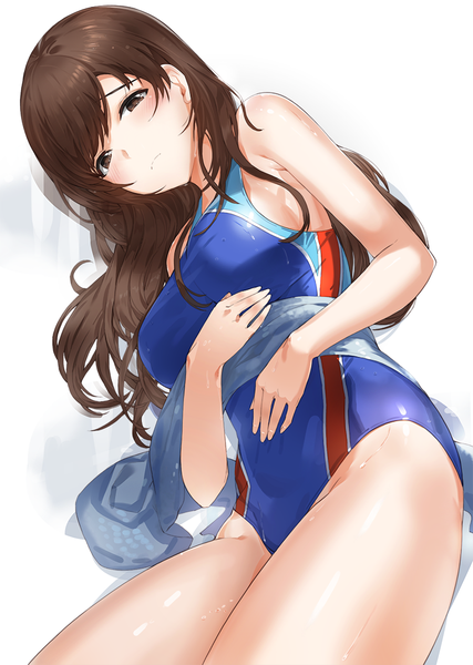 Anime picture 761x1070 with idolmaster idolmaster cinderella girls nitta minami kfr single long hair tall image looking at viewer blush fringe breasts light erotic simple background brown hair white background brown eyes lying wet on side girl